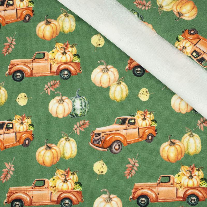 PUMPKINS ON THE PICKUP (leaves) pat. 2 / green (PUMPKIN GARDEN) - looped knit fabric