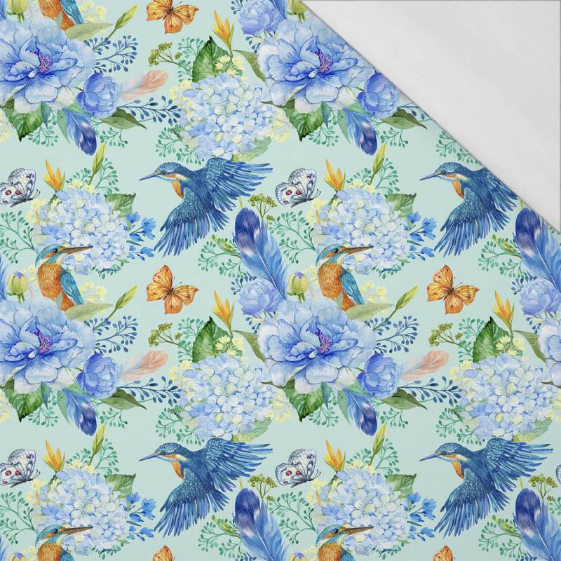 MINI KINGFISHERS AND LILACS (KINGFISHERS IN THE MEADOW) / light blue - single jersey with elastane 
