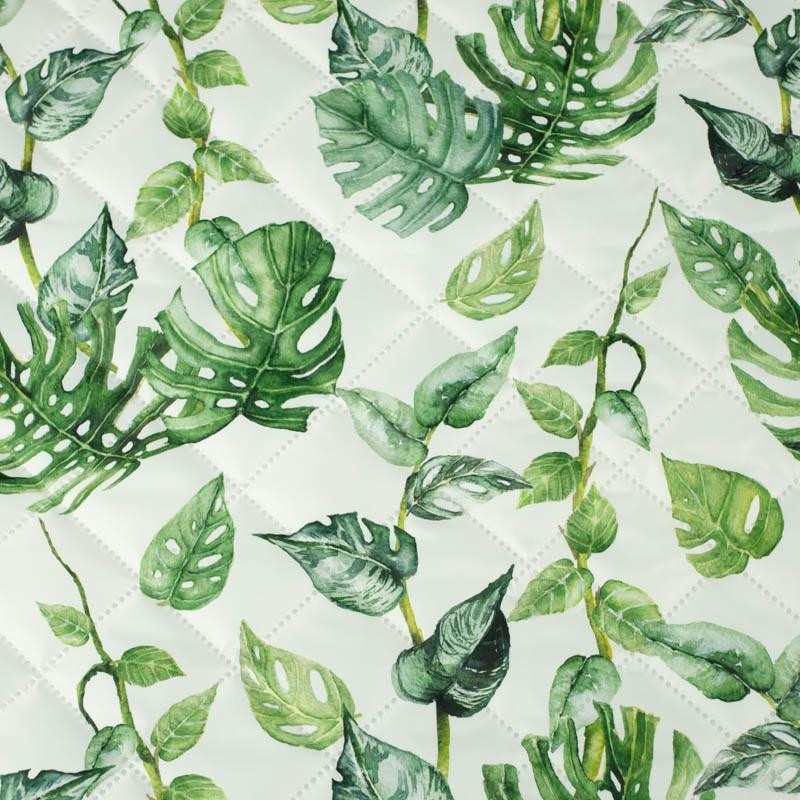 ROPICAL LEAVES MIX pat. 2 / white (JUNGLE) - Quilted nylon fabric 