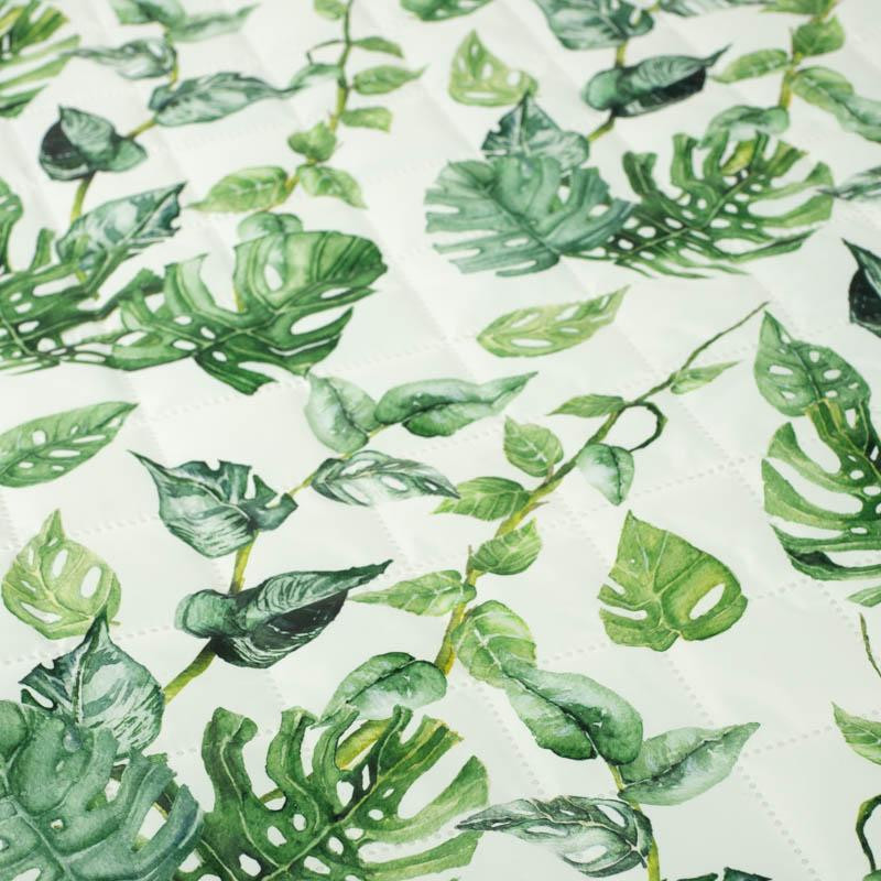 ROPICAL LEAVES MIX pat. 2 / white (JUNGLE) - Quilted nylon fabric 