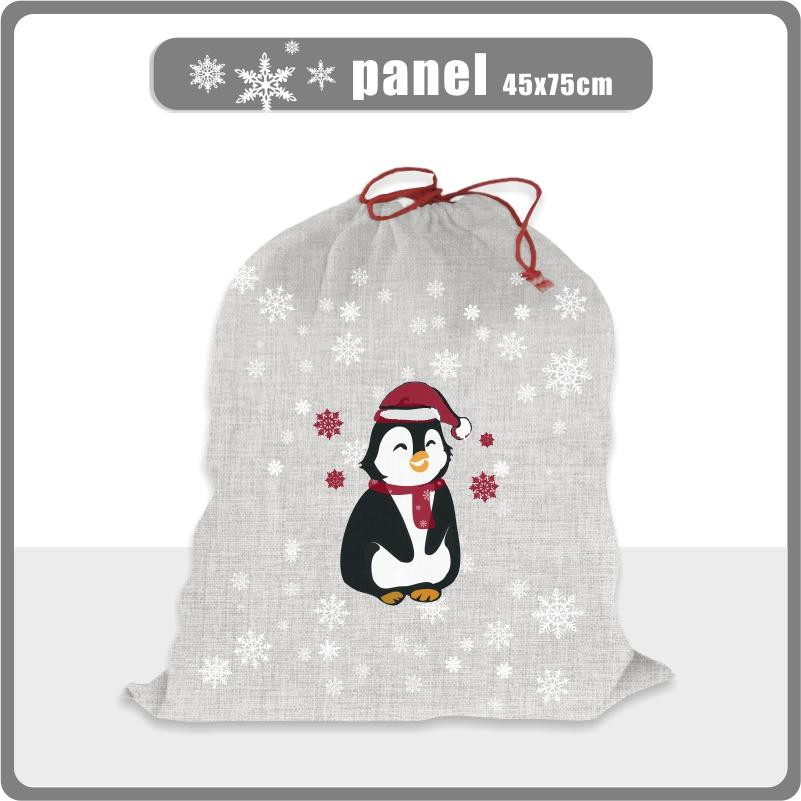 PENGUIN SANTA / red - acid wash grey - Cotton woven fabric panel ( 45 x 75 cm )