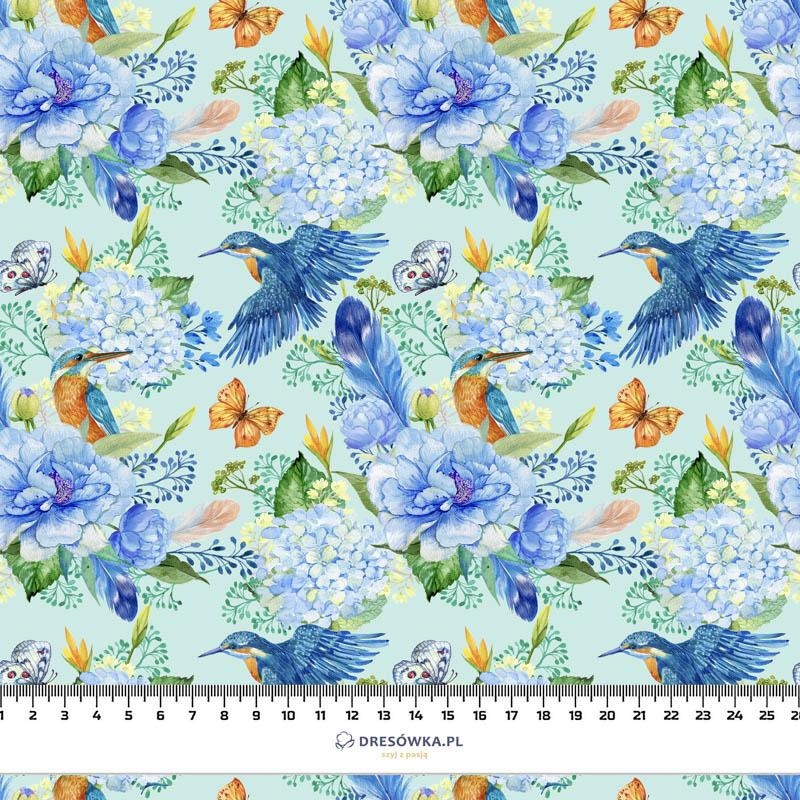 MINI KINGFISHERS AND LILACS (KINGFISHERS IN THE MEADOW) / light blue - Cotton woven fabric