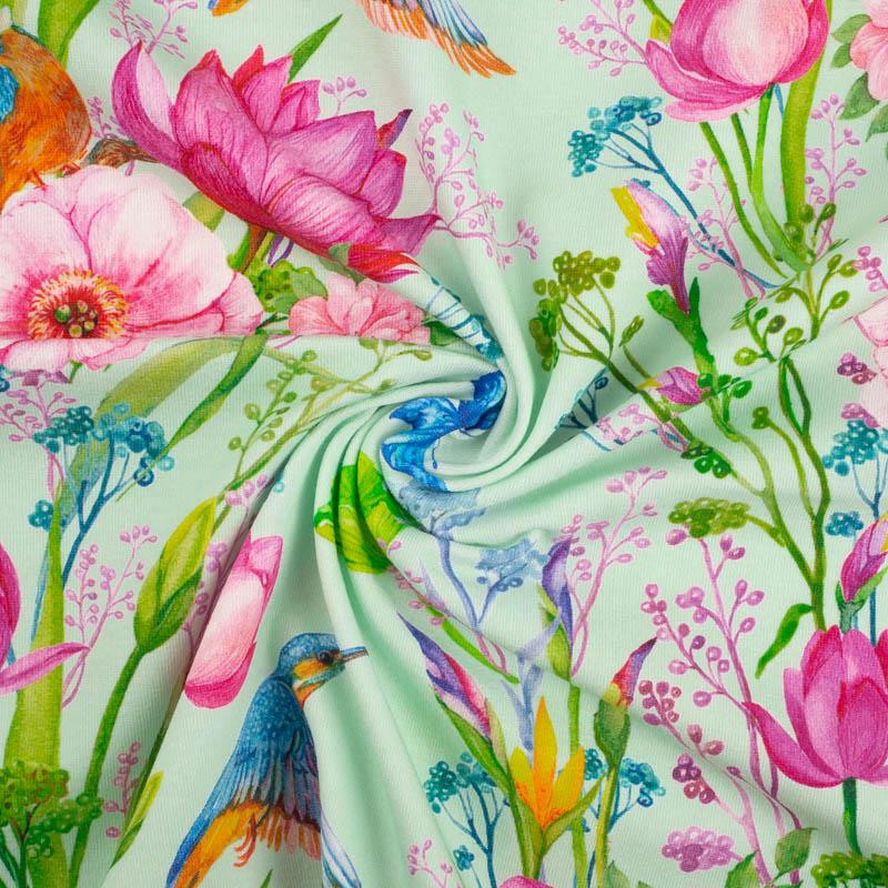 KINGFISHERS AND BUTTERFLIES (KINGFISHERS IN THE MEADOW) / mint - single jersey with elastane 