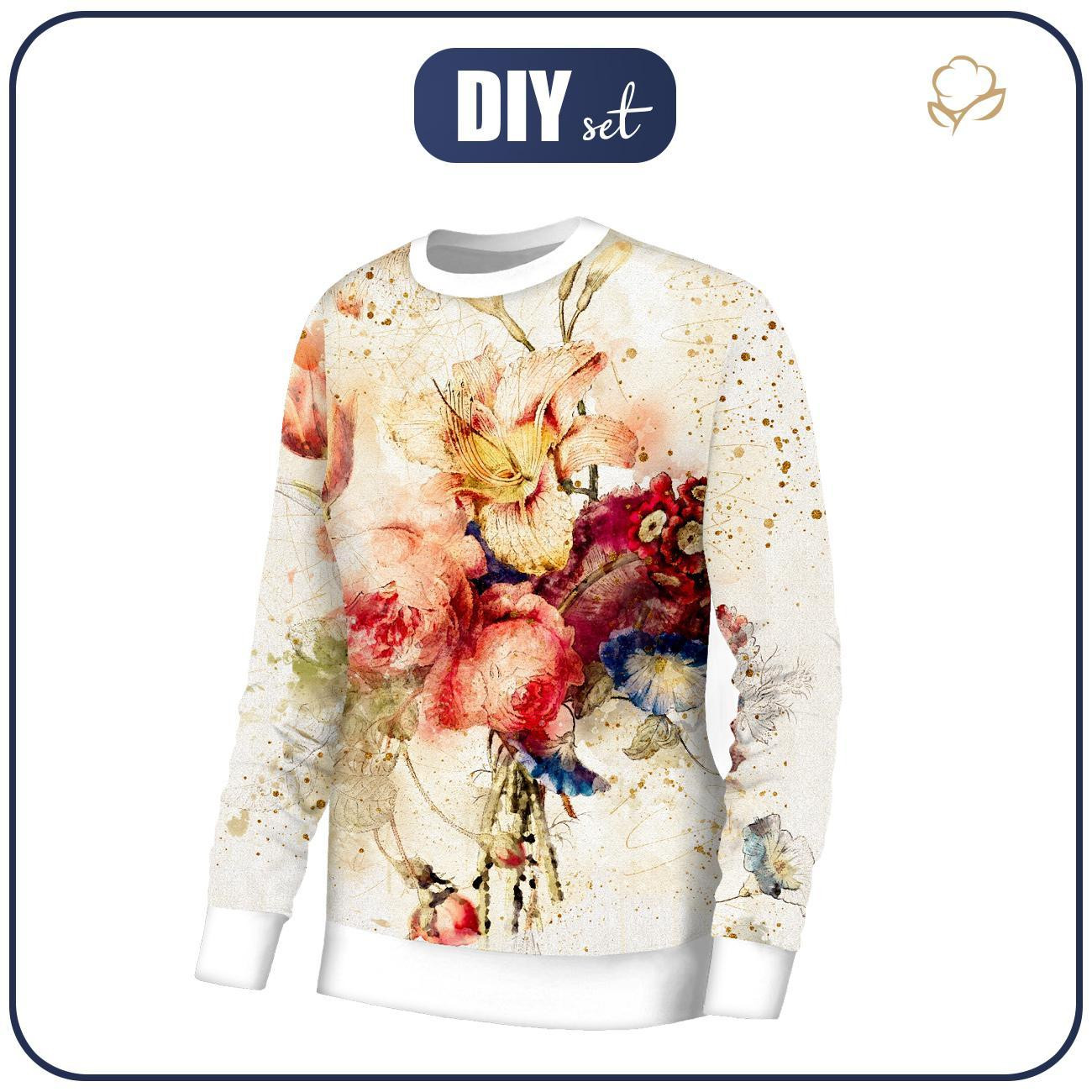 WOMEN'S SWEATSHIRT (HANA) BASIC - WATERCOLORS FLOWERS Pat. 5 - looped knit fabric - M