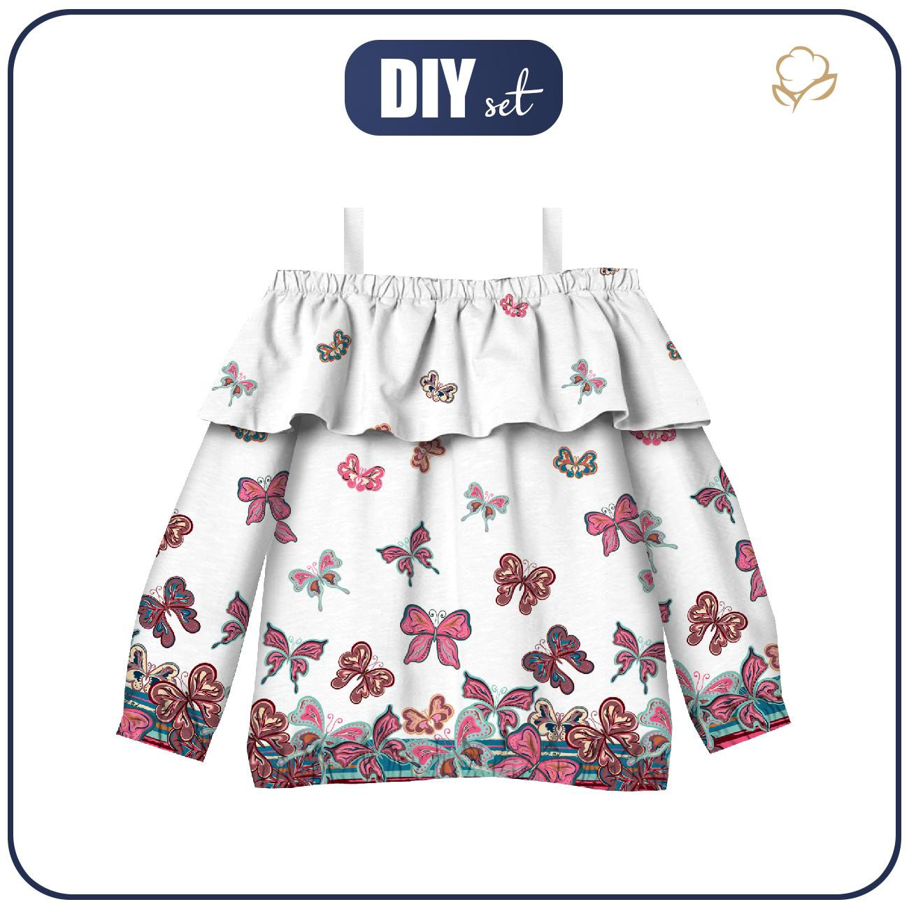 Bardot neckline blouse (VIKI) - BUTTERFLIES (pat. 1 pink) / white - sewing set