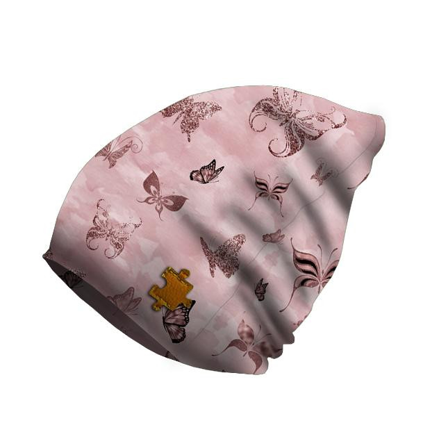 "Beanie" cap - BUTTERFLIES (GLITTER BUTTERFLIES) / CAMOUFLAGE pat. 2 (rose quartz) / Choice of sizes