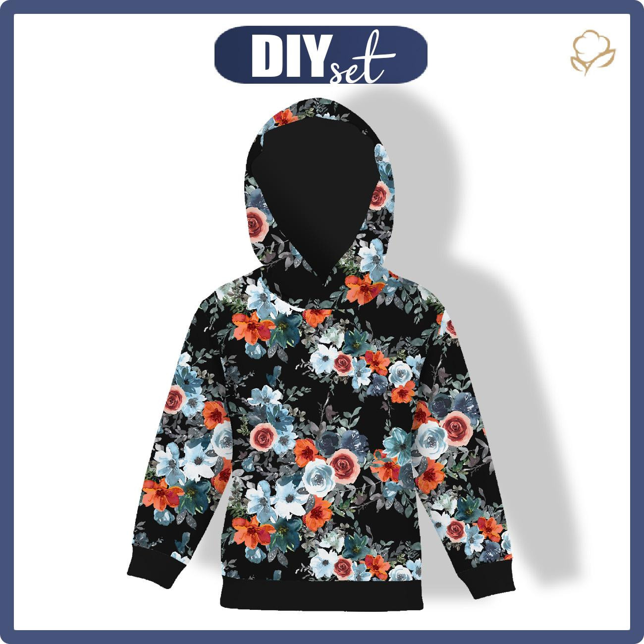 KID'S HOODIE (ALEX) - WATER-COLOR FLOWERS pat. 2 / black - sewing set