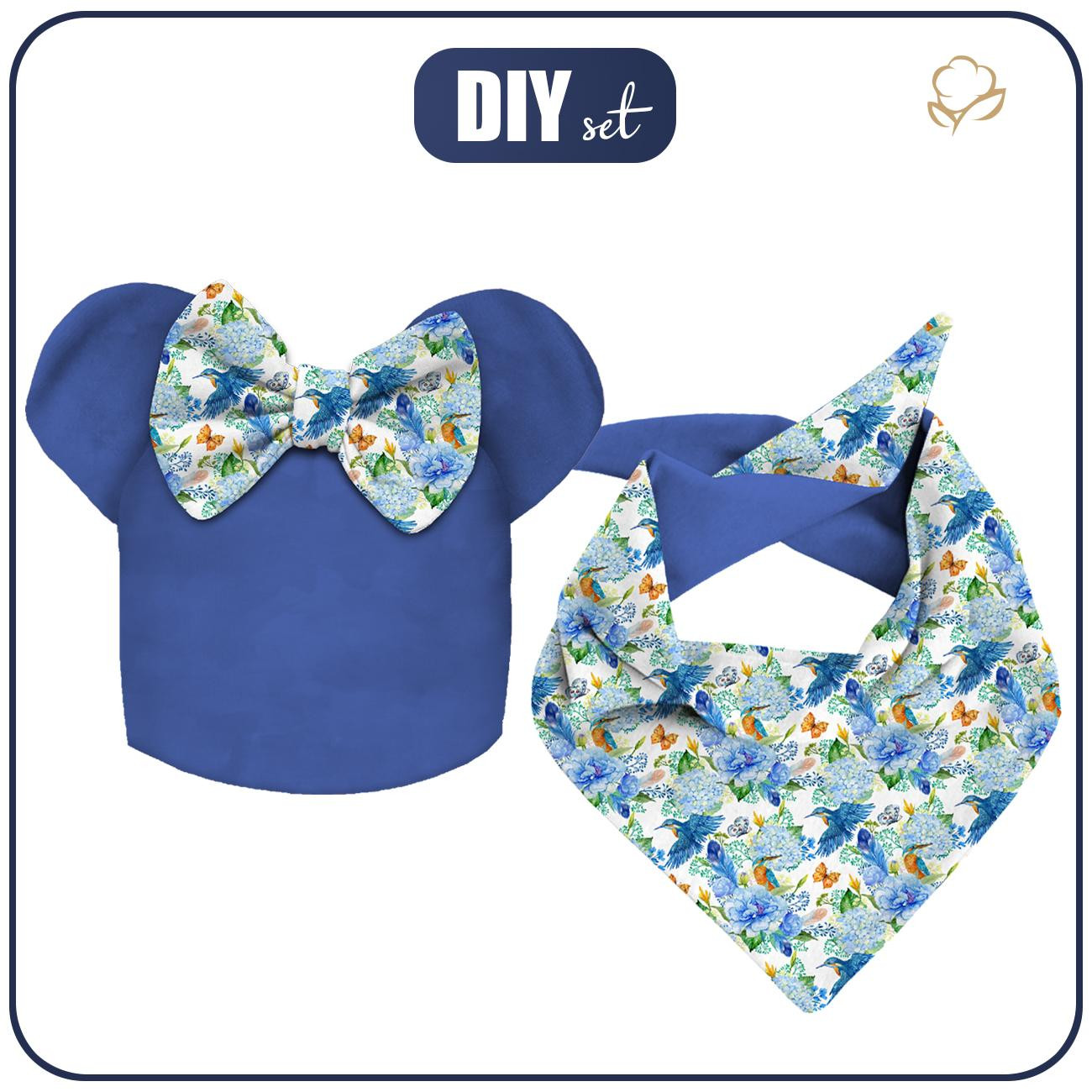 KID'S CAP AND SCARF (MOUSE) - MINI KINGFISHERS AND LILACS (KINGFISHERS IN THE MEADOW) / white - sewing set