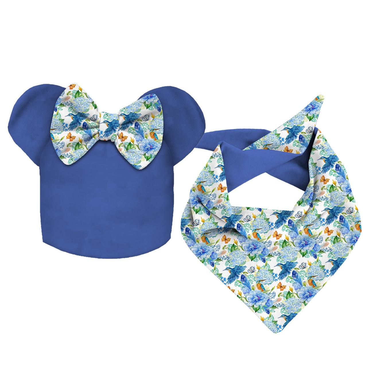 KID'S CAP AND SCARF (MOUSE) - MINI KINGFISHERS AND LILACS (KINGFISHERS IN THE MEADOW) / white - sewing set