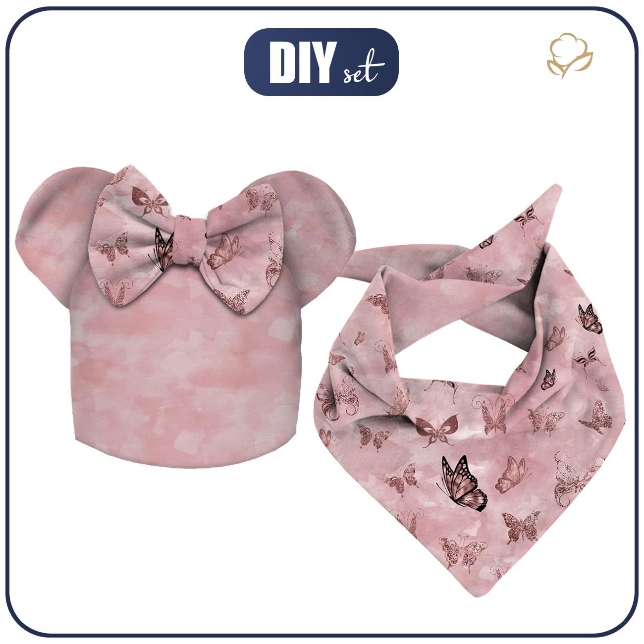 KID'S CAP AND SCARF (MOUSE) - BUTTERFLIES (GLITTER BUTTERFLIES) / CAMOUFLAGE pat. 2 (rose quartz) - sewing set