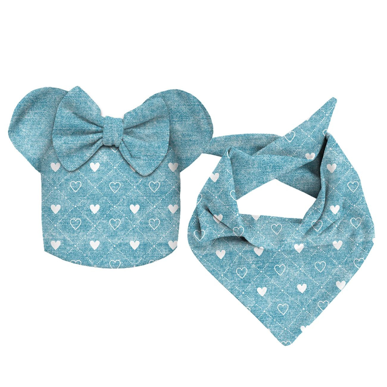 KID'S CAP AND SCARF (MOUSE) - HEARTS AND RHOMBUSES / vinage look jeans (sea blue) - sewing set