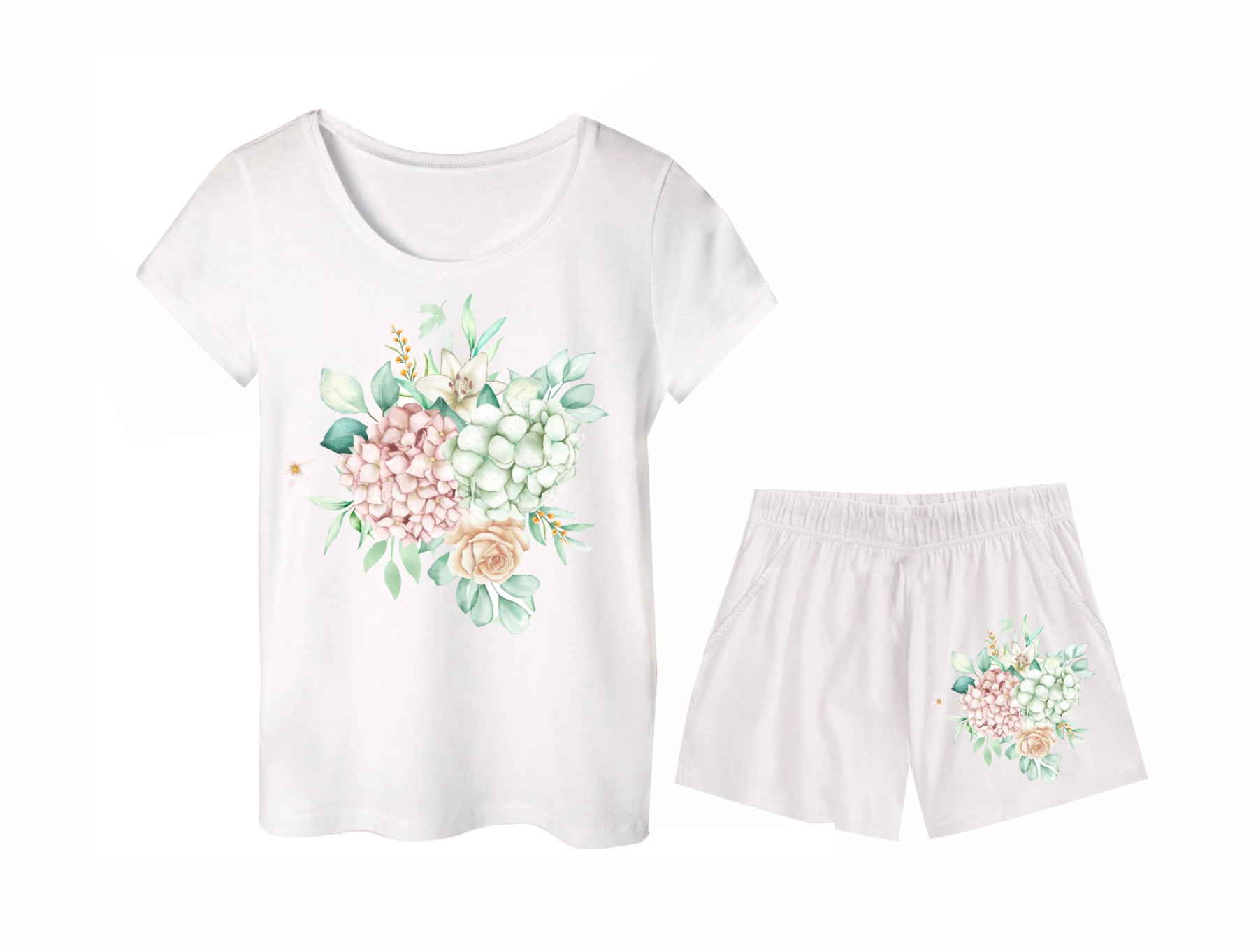 PAJAMAS-T-SHIRT "LINDA" -  Hydrangeas / white - sewing set