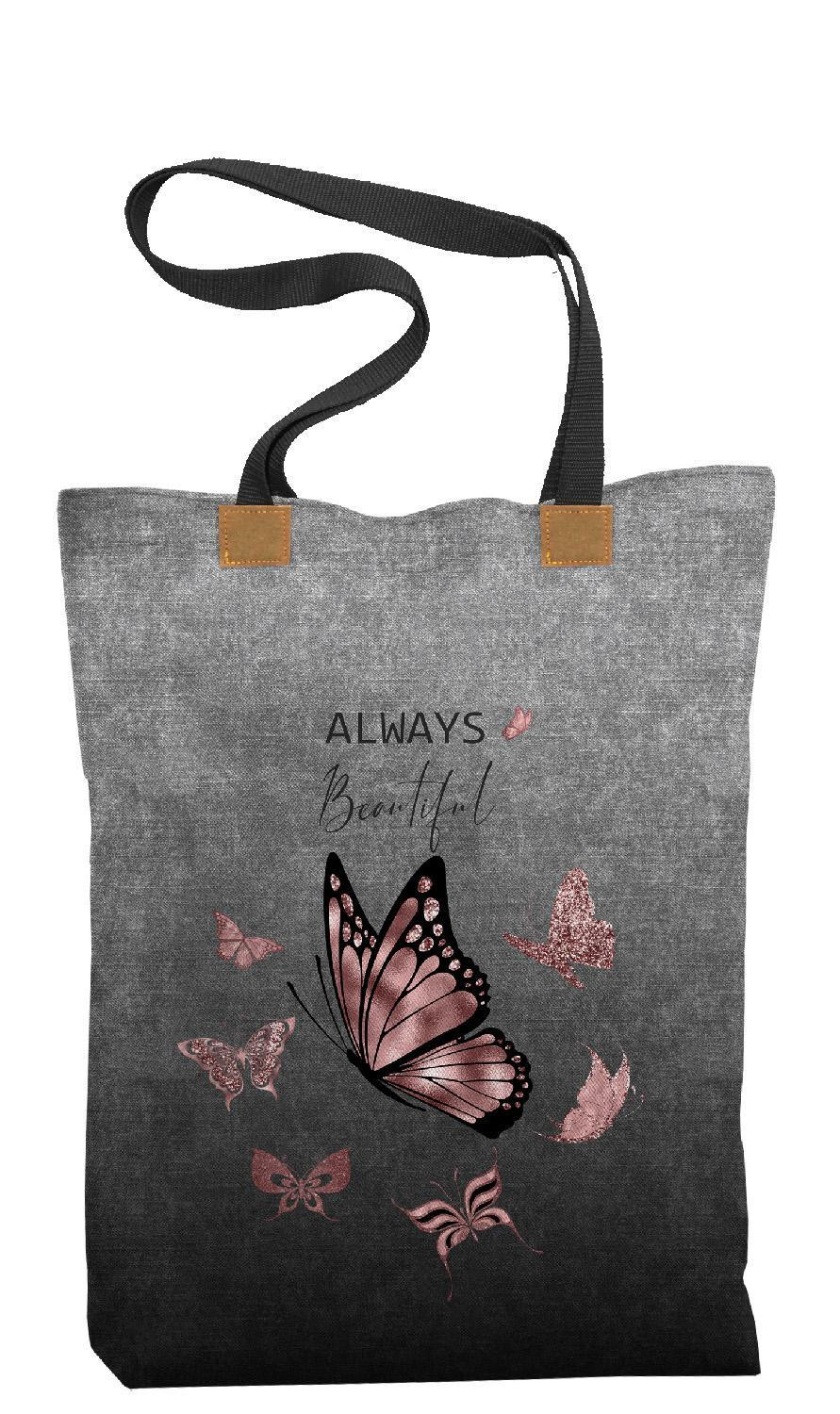 SHOPPER BAG - ALWAYS BEAUTIFUL (GLITTER BUTTERFLIES) / ACID WASH GREY - sewing set