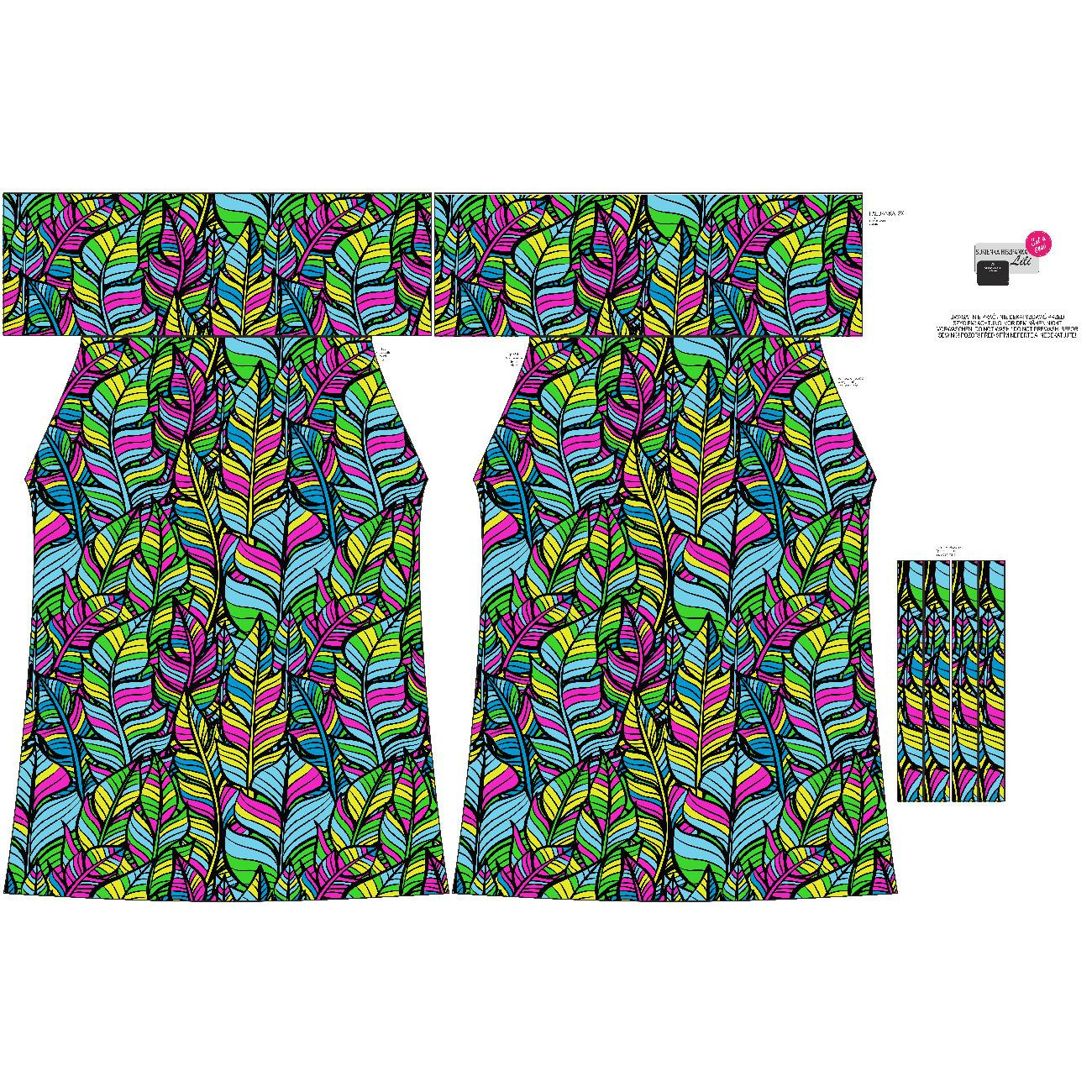Bardot neckline dress (LILI) - NEON LEAVES - sewing set