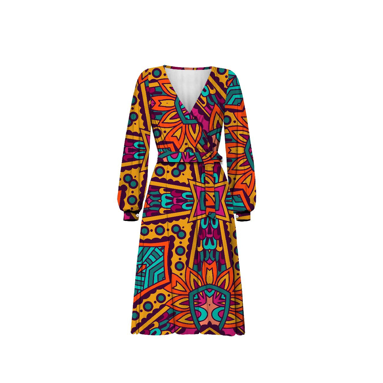 WRAP MIDI DRESS (BIANCA) - COLORFUL MANDALA pat. 1 - sewing set