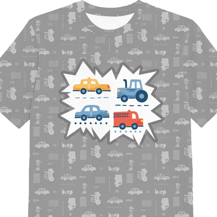 KID’S T-SHIRT - VEHICLES pat. 2 / white (ADVENTURE BEGINS) - single jersey