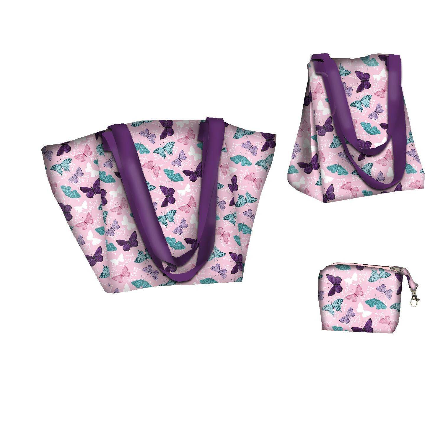 XL bag with in-bag pouch 2 in 1 - BUTTERFLIES PAT. 5 / pink (PURPLE BUTTERFLIES) - sewing set