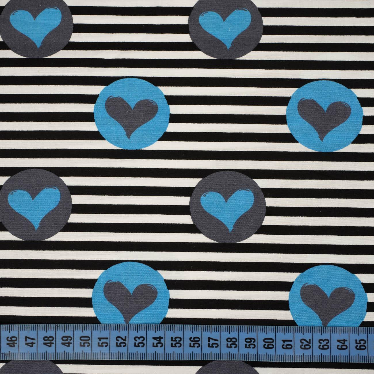 TURQUOISE HEARTS / stripes -  Cotton woven fabric