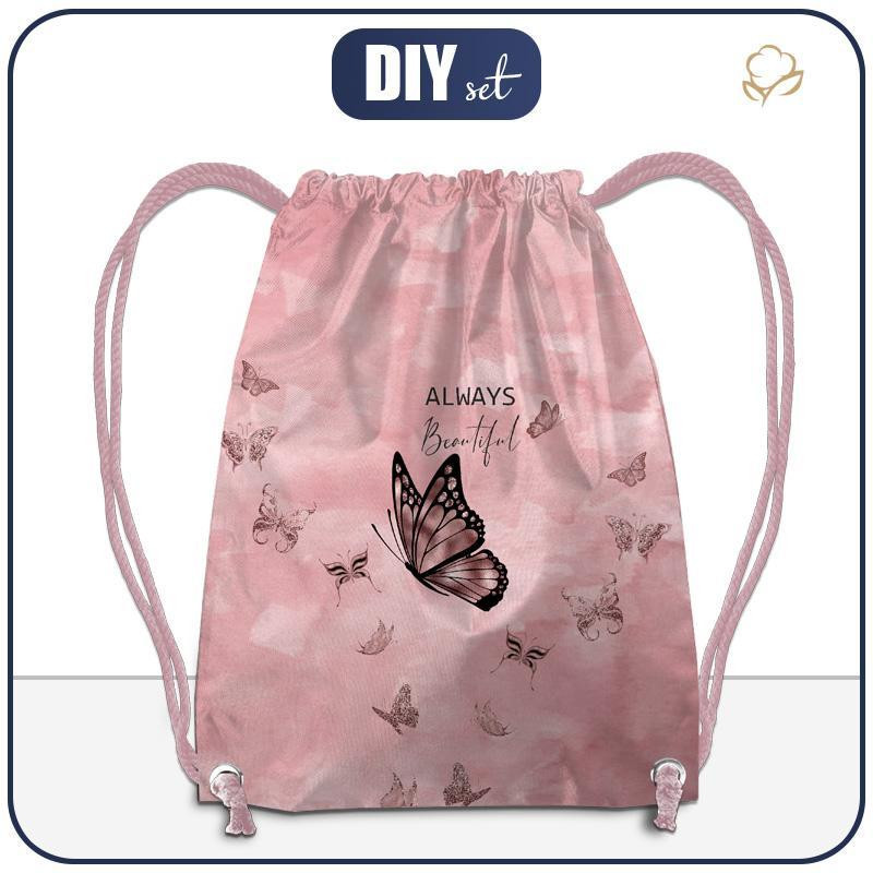 GYM BAG - ALWAYS BEAUTIFUL (GLITTER BUTTERFLIES) / CAMOUFLAGE pat. 2 (rose quartz) - sewing set