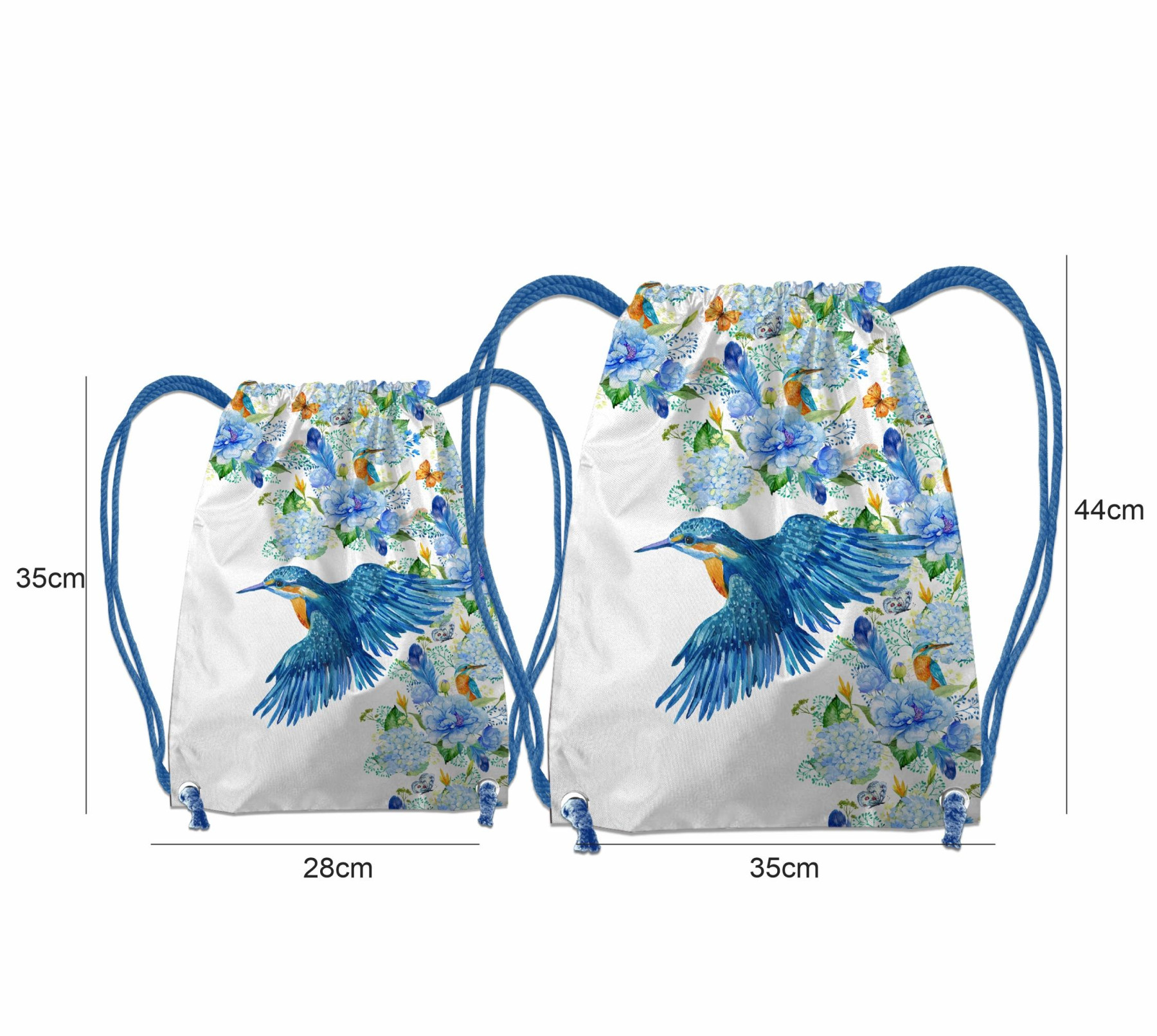 GYM BAG - KINGFISHERS AND LILACS (KINGFISHERS IN THE MEADOW) / white - sewing set