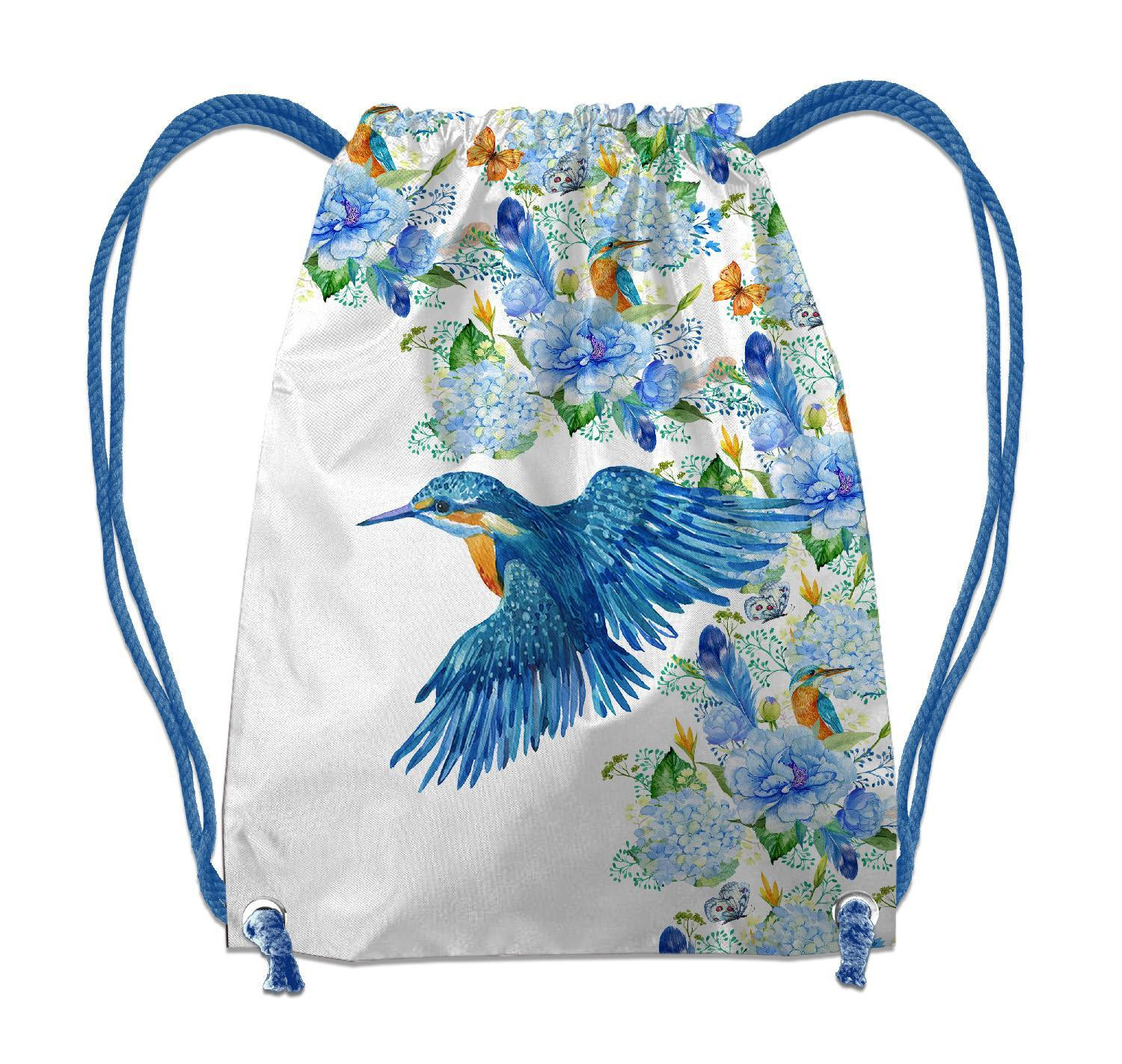 GYM BAG - KINGFISHERS AND LILACS (KINGFISHERS IN THE MEADOW) / white - sewing set