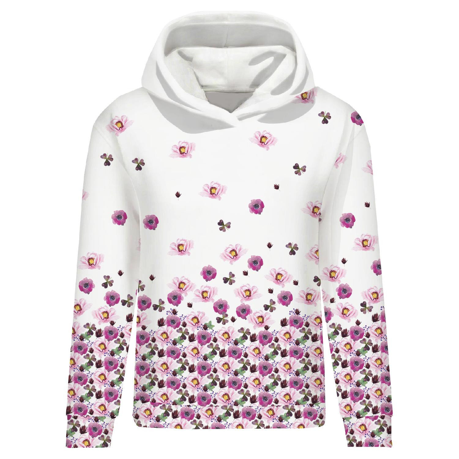 CLASSIC WOMEN’S HOODIE (POLA) - FLOWERS AND CLOVER (IN THE MEADOW) - looped knit fabric 