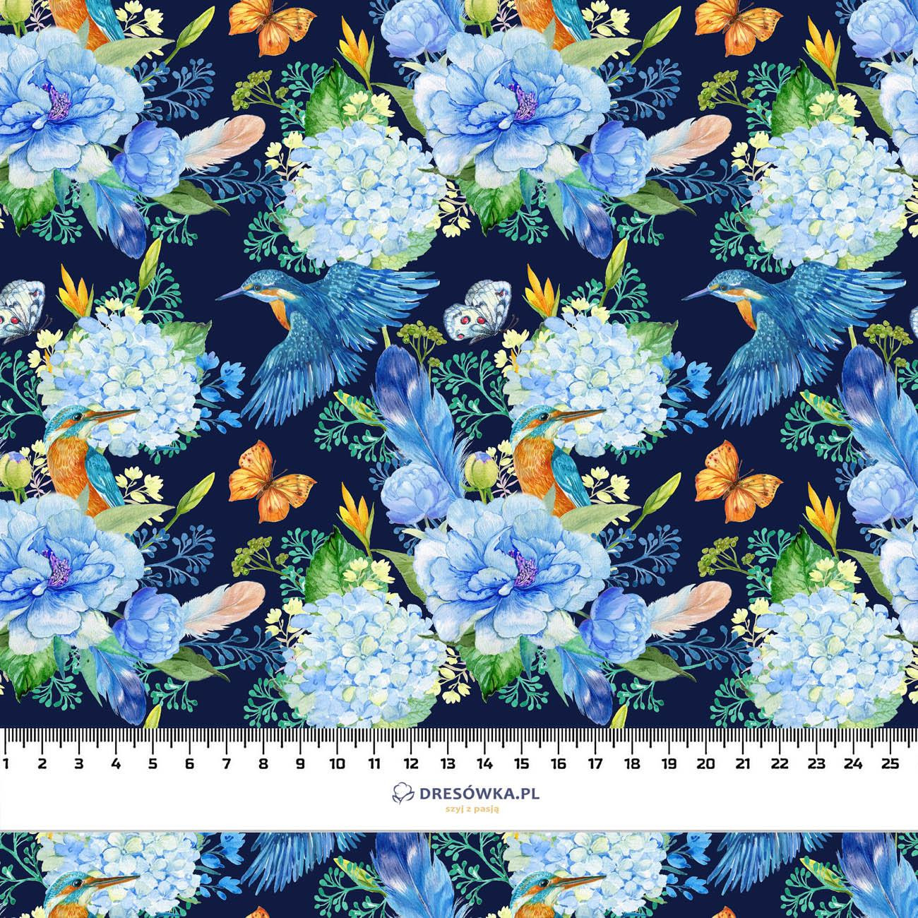 MINI KINGFISHERS AND LILACS (KINGFISHERS IN THE MEADOW) / navy - looped knit fabric with elastane ITY