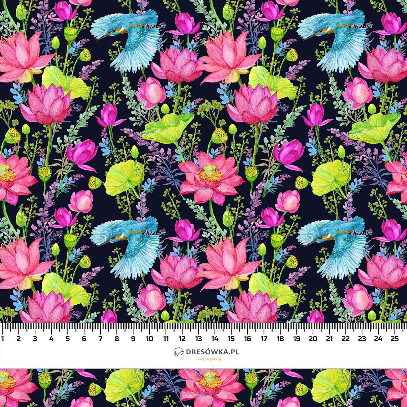 MINI KINGFISHERS AND POPPIES (KINGFISHERS IN THE MEADOW) / black - looped knit fabric with elastane ITY