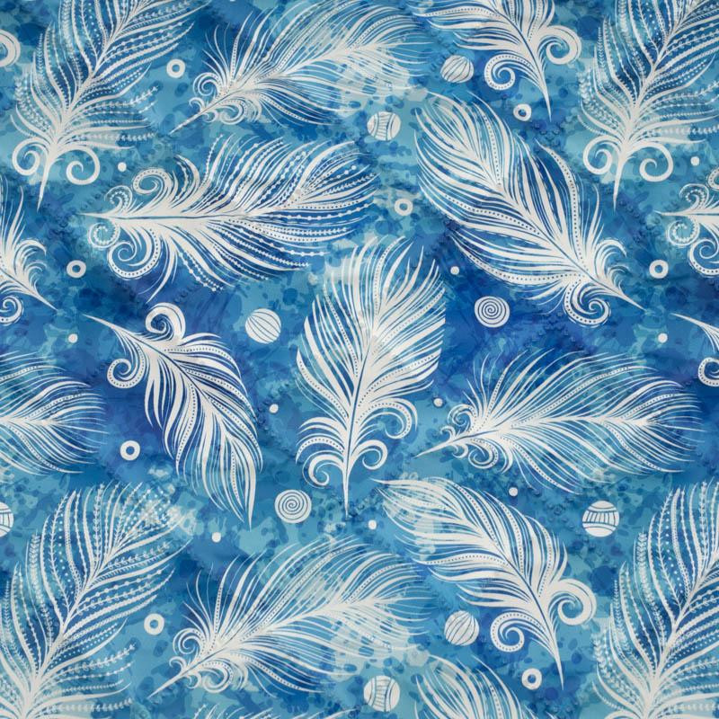 WHITE FEATHERS / blue - Quilted nylon fabric 