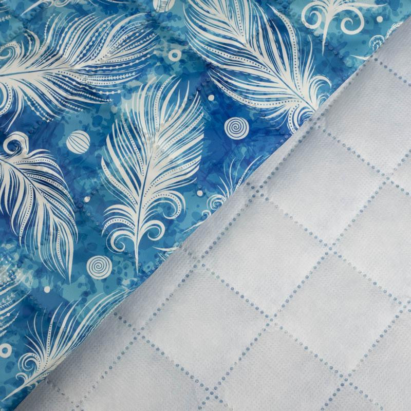 WHITE FEATHERS / blue - Quilted nylon fabric 