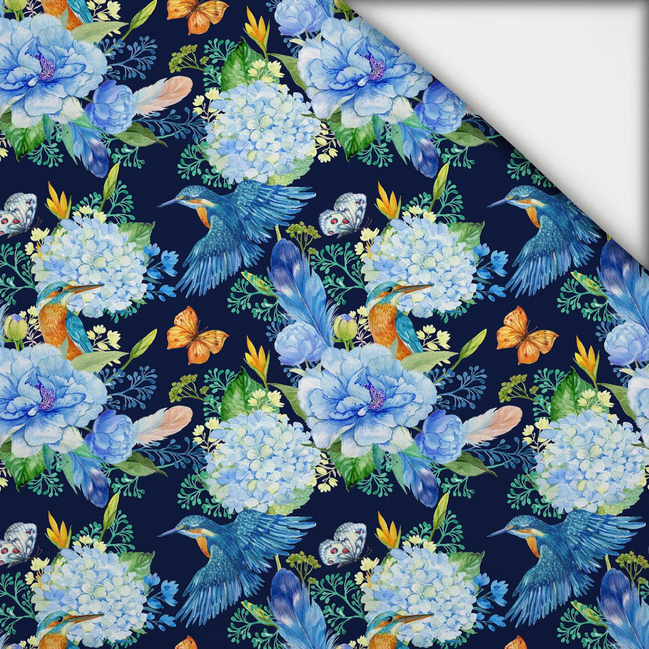 MINI KINGFISHERS AND LILACS (KINGFISHERS IN THE MEADOW) / navy - light brushed knitwear
