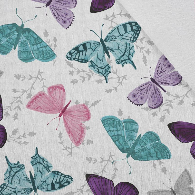 BUTTERFLIES PAT. 5 / white  (PURPLE BUTTERFLIES) - Cotton muslin