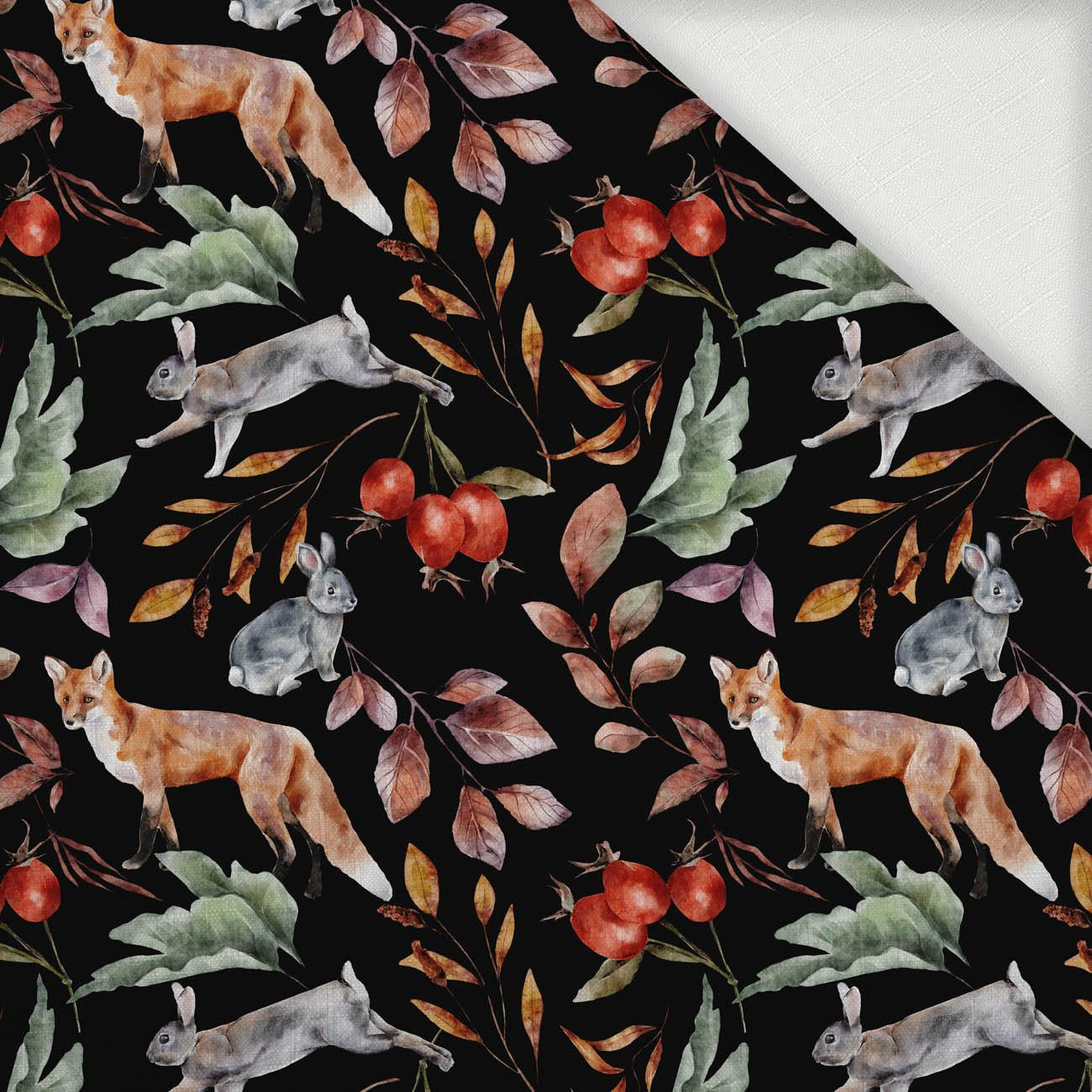 FOREST ANIMALS PAT. 2 / BLACK (COLORFUL AUTUMN) - Woven Fabric for tablecloths