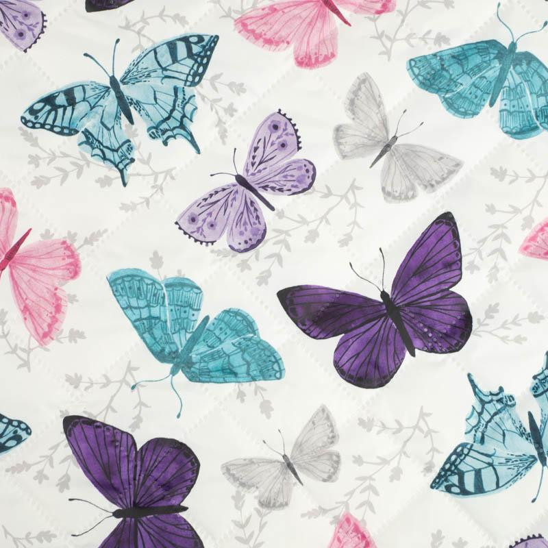 BUTTERFLIES PAT. 5 / white  (PURPLE BUTTERFLIES) - Quilted nylon fabric 