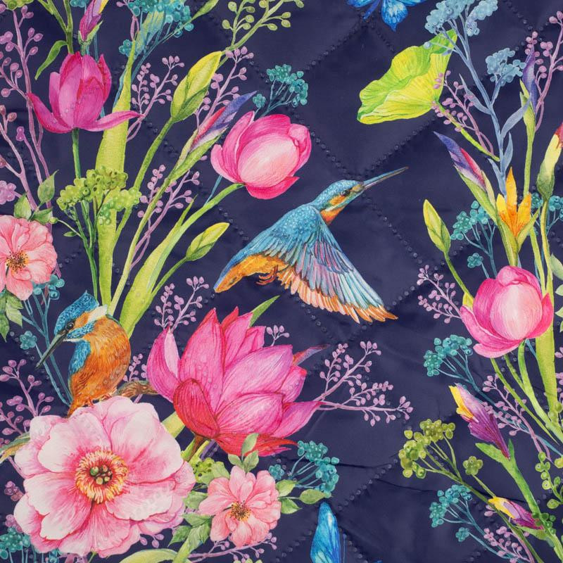 KINGFISHERS AND BUTTERFLIES (KINGFISHERS IN THE MEADOW) / dark blue  - Quilted nylon fabric 
