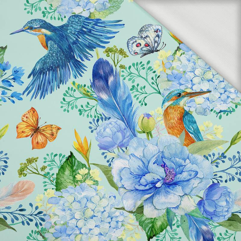 KINGFISHERS AND LILACS (KINGFISHERS IN THE MEADOW) / light blue - looped knit fabric
