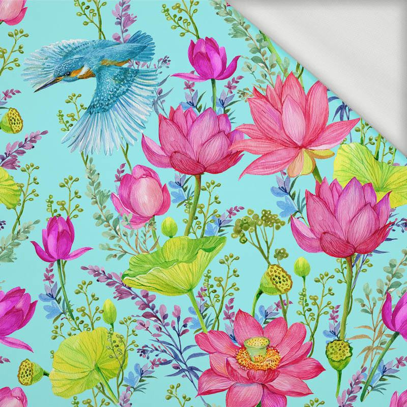 KINGFISHERS AND POPPIES (KINGFISHERS IN THE MEADOW) / aqua - looped knit fabric