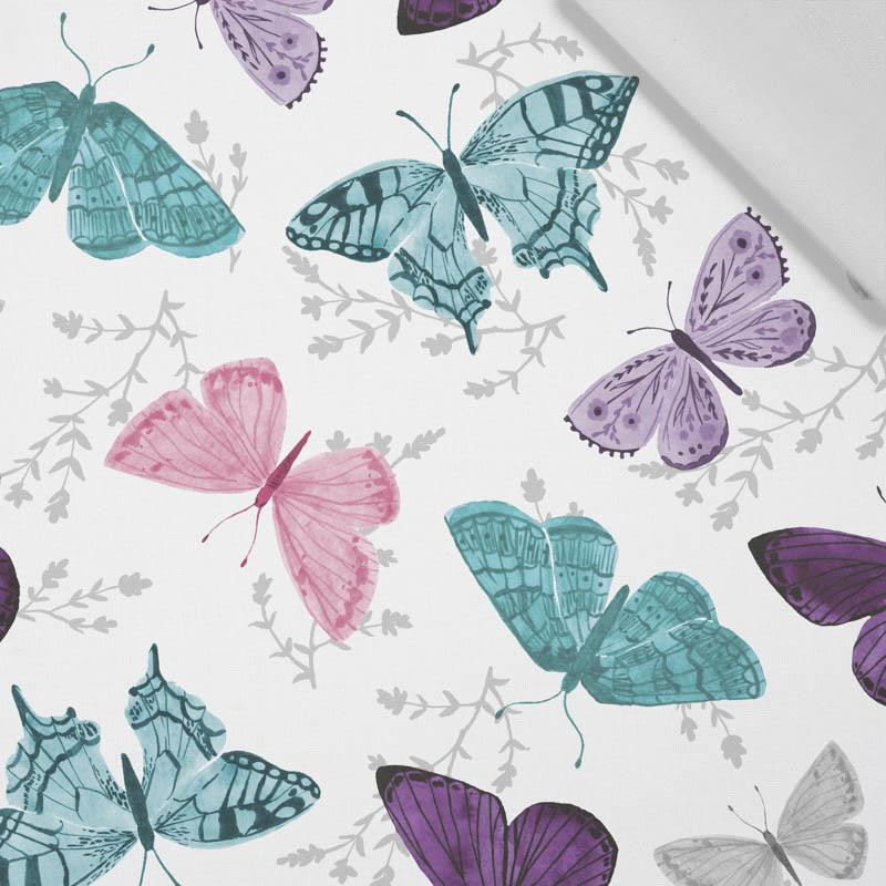 BUTTERFLIES PAT. 5 / white  (PURPLE BUTTERFLIES) - Cotton woven fabric