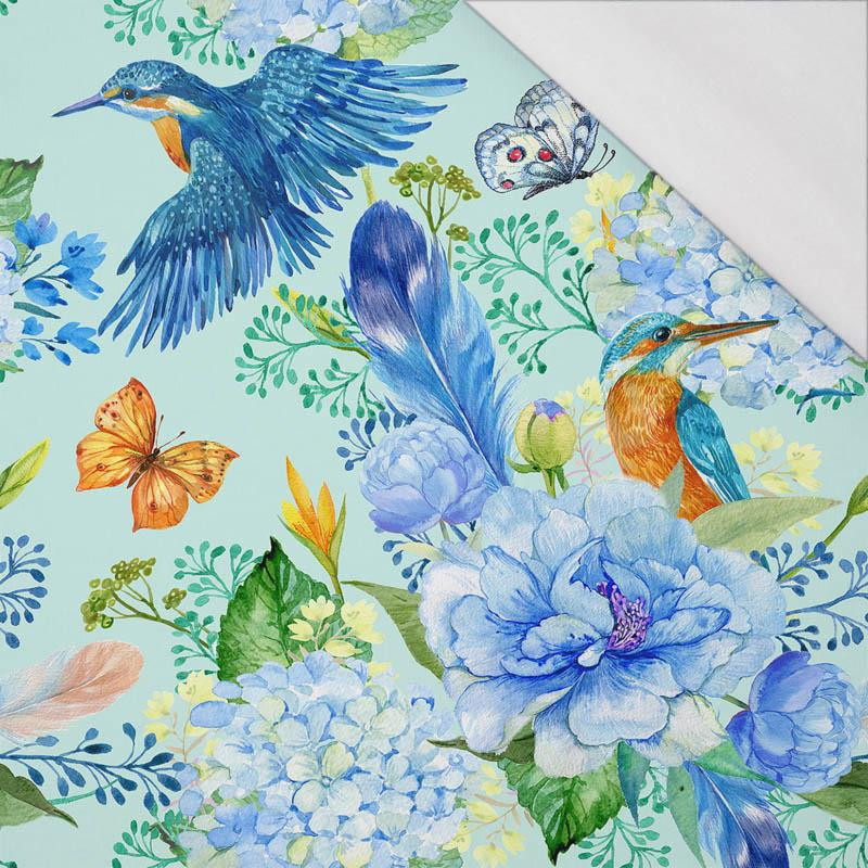 KINGFISHERS AND LILACS (KINGFISHERS IN THE MEADOW) / light blue - single jersey with elastane 