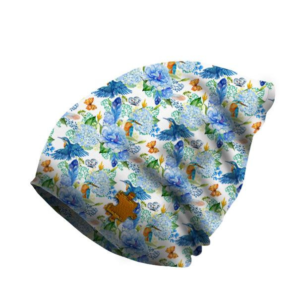 "Beanie" cap - KINGFISHERS AND LILACS (KINGFISHERS IN THE MEADOW) / white / Choice of sizes
