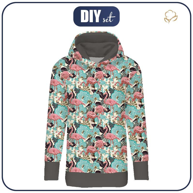 LONG WOMEN’S HOODIE (MEGI) - FLAMINGOS AND  MONSTERAS - looped knit fabric 