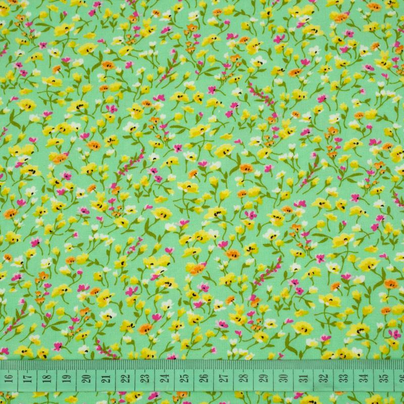 COLORFUL FLOWERS / green - viscose woven fabric