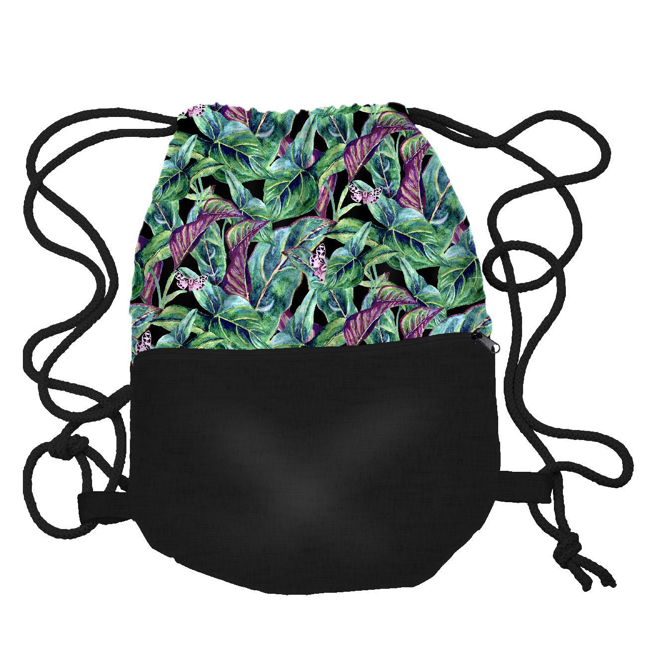 GYM BAG WITH POCKET - MINI LEAVES AND INSECTS PAT. 1 (TROPICAL NATURE) / black - sewing set