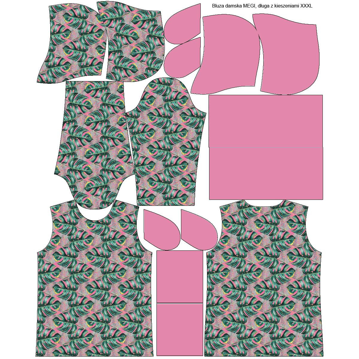 LONG WOMEN’S HOODIE - MONSTERA no. 5 / pink  - looped knit fabric 