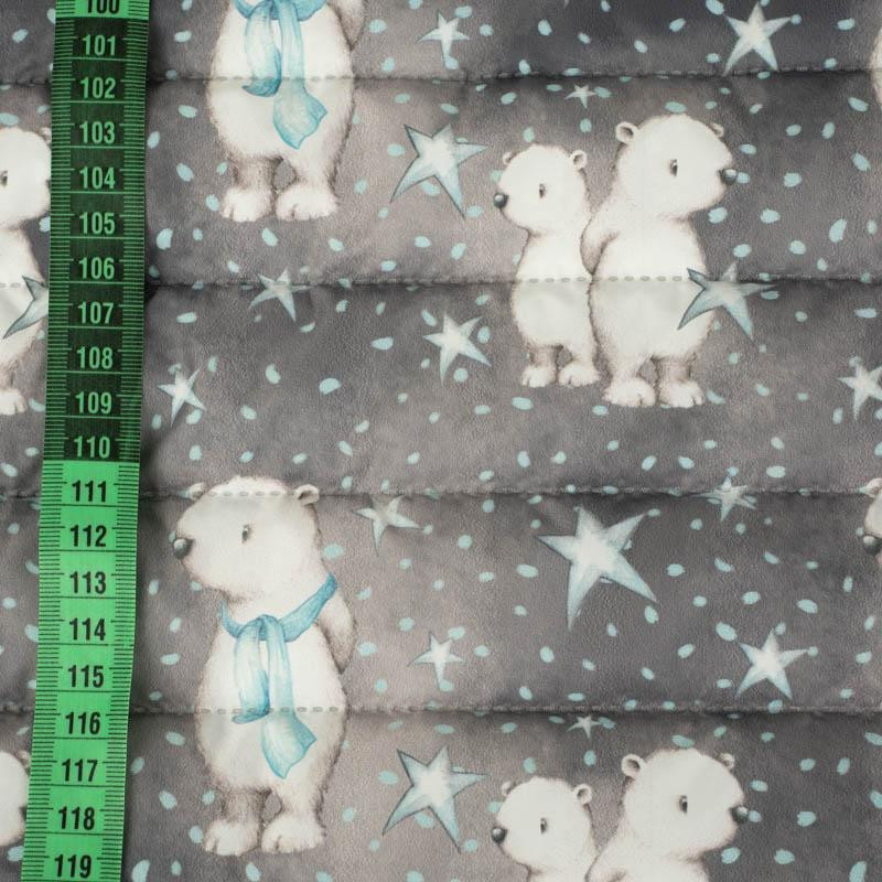 TEDDIES AND STARS / dark grey (MAGICAL CHRISTMAS FOREST) - nylon fabric quilted in stripes