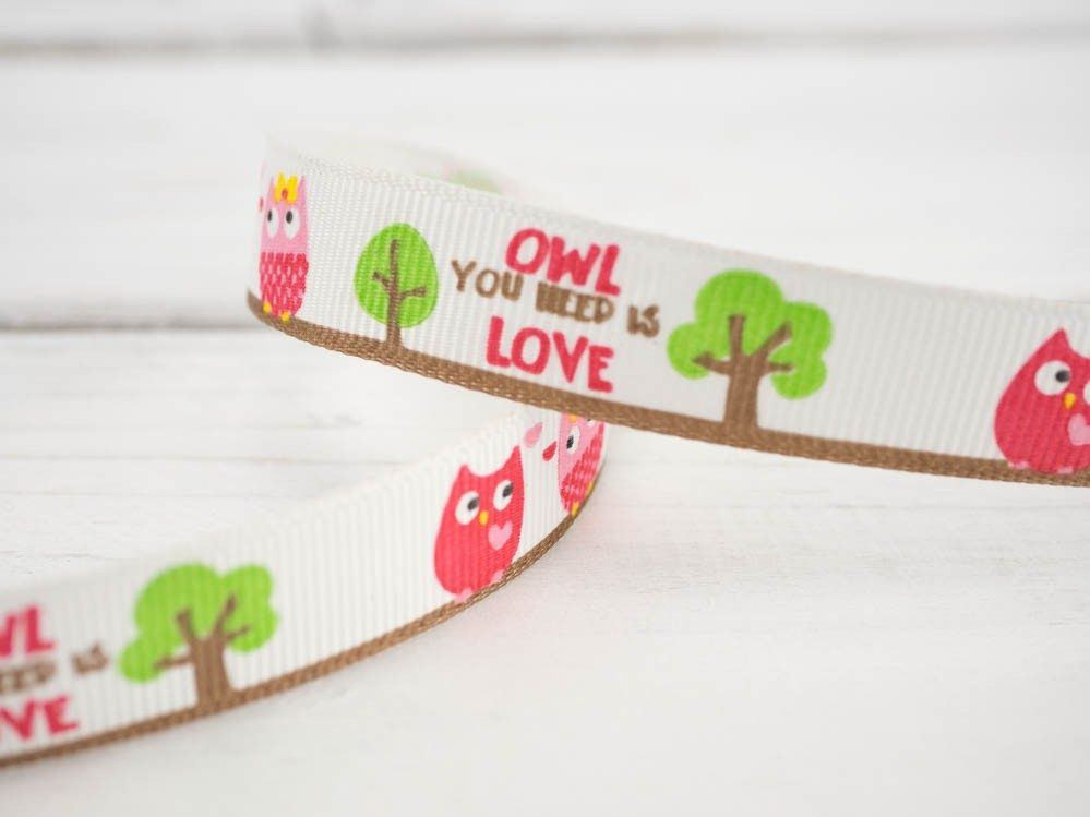 Grosgrain with owls on white background - 15mm