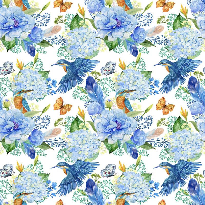 MINI KINGFISHERS AND LILACS (KINGFISHERS IN THE MEADOW) / white