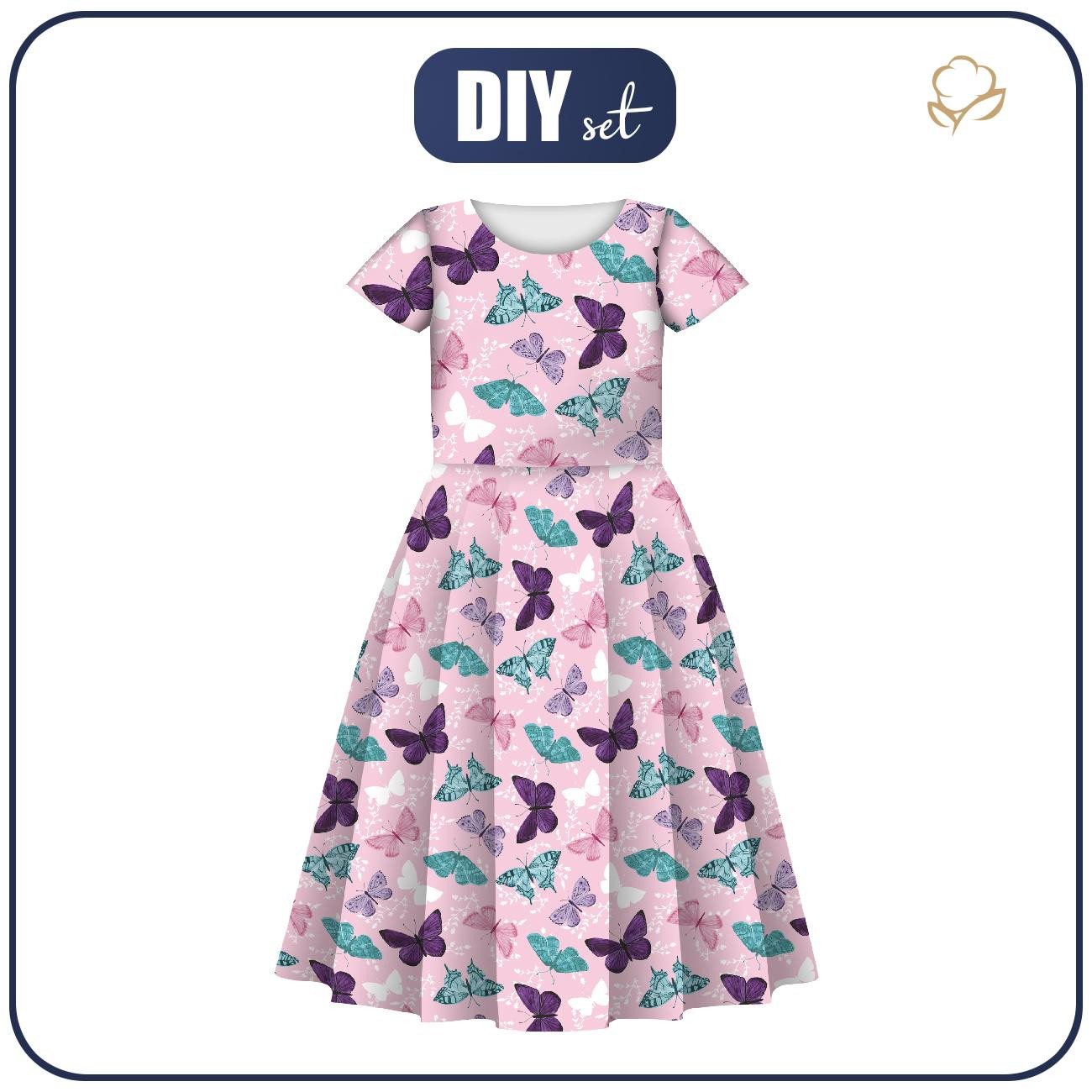 KID'S DRESS "MIA" - BUTTERFLIES PAT. 5 / pink (PURPLE BUTTERFLIES) - sewing set