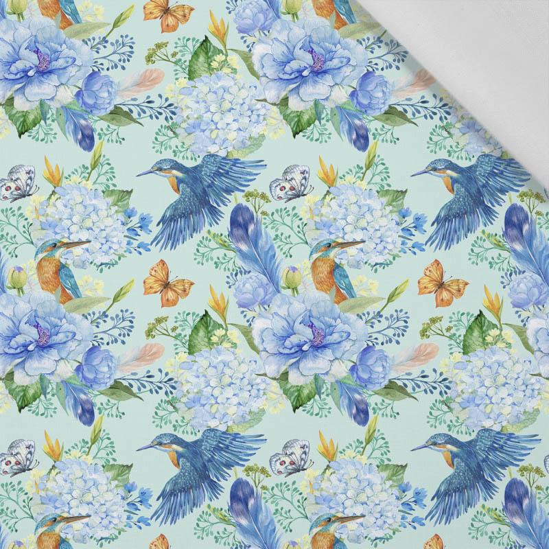 MINI KINGFISHERS AND LILACS (KINGFISHERS IN THE MEADOW) / light blue - Cotton woven fabric