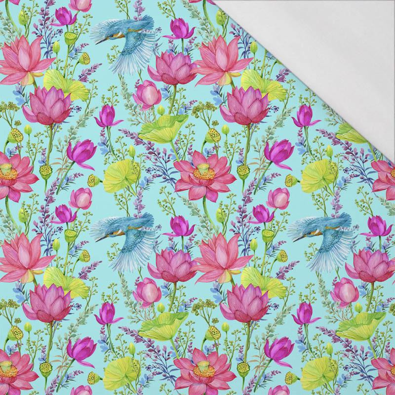 MINI KINGFISHERS AND POPPIES (KINGFISHERS IN THE MEADOW) / aqua - single jersey with elastane 